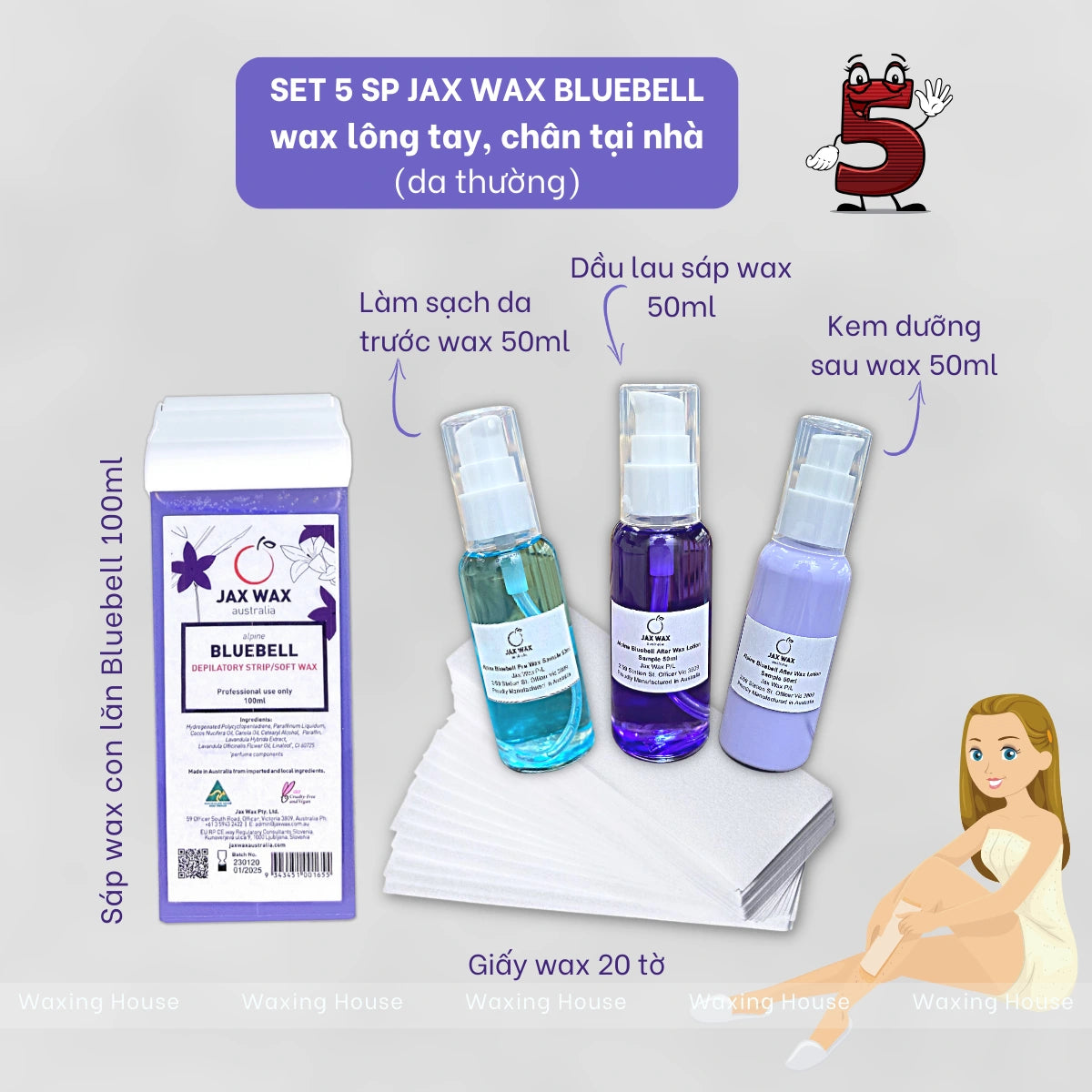 Set wax lông tay, chân Jax Wax Australia (5 sản phẩm)