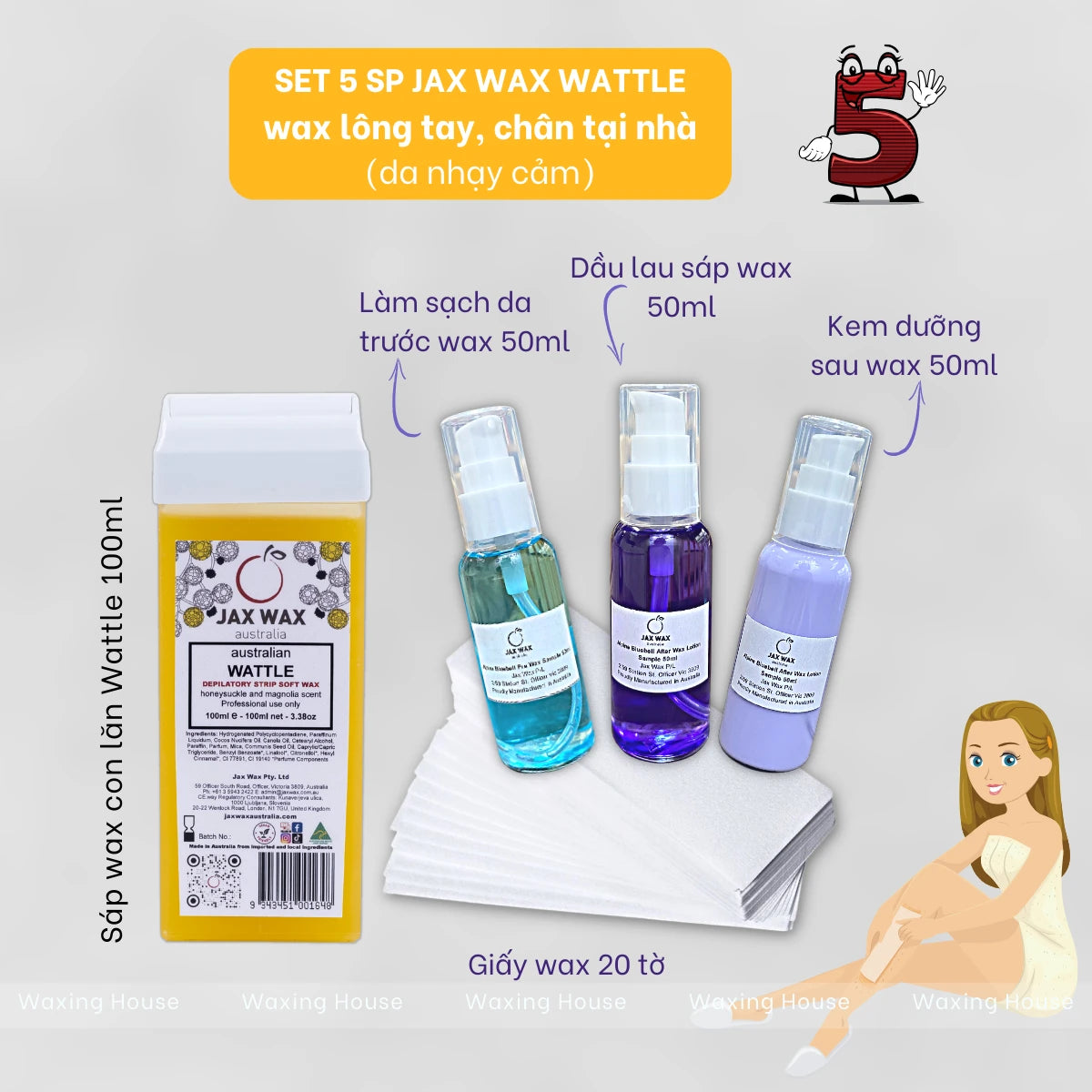 Set wax lông tay, chân Jax Wax Australia (5 sản phẩm)